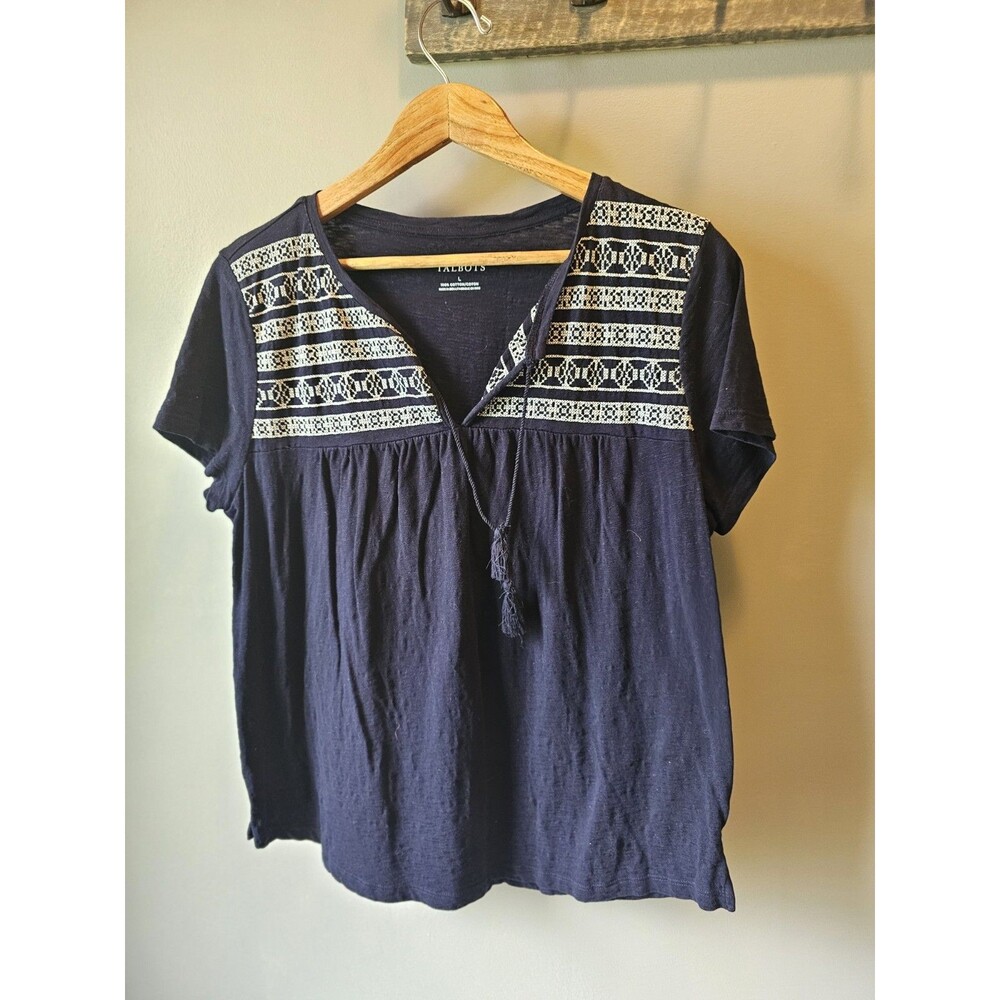 Talbots Womens Large T-Shirt Short Sleeve Tee 100% Cotton Top Navy Blue